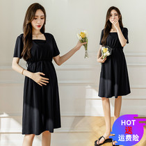 Pregnancy Woman Dress Summer Clothing Short Sleeve Square collar Snow spinning Laced Dress in Korean version Slim Fit Slim Black Dress Summer Medium Long dress