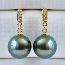 Xinru Black Pearl Earring 18K gold 8 - 14mm round - round light peacock green ear decoration to girlfriend