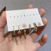 Korean Korean version of temperament square green diamond horn ear buckle micro-inlaid Awn star chain geometric triangle earrings 6-piece set