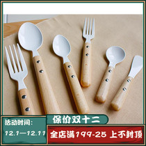 Japanese high Mulberry metal imported household wooden handle enamel enamel handle tableware dessert fork fork spoon cute and exquisite