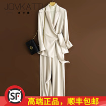 High-end custom suit suit suit womens acetic acid stitching one-sided strap slim slim suit wide leg pants two-piece tide