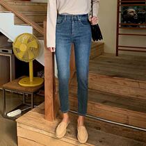 Korean vintage blue feet jeans women nine points 2021 Spring Summer High waist tight stretch eight points pencil trousers