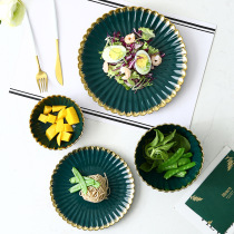 European style small luxury gold Penh Western dinner plate ceramic dark green chrysanthemum plate plate fruit plate cake plate