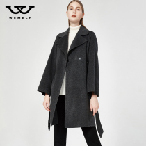 Double-sided cashmere coat womens 2020 new autumn and winter Korean version of the small loose lace-up waist mid-length woolen coat