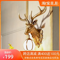 Creative deer head wall lamp light luxury living room background wall lamps American antler copper lamp staircase aisle bedroom bedside lamp