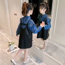 Girls spring style 2021 new ocean gas spring autumn pu leather strap dress shirt fashion one-piece dress Two suit big child