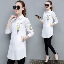 White shirt womens spring 2021 new style western style embroidered mid-length long-sleeved embroidered casual all-match shirt