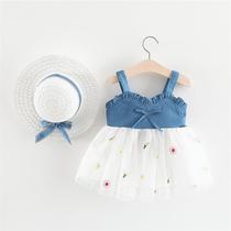 Q4 summer new girl denim sling dress Princess skirt beach dress hat