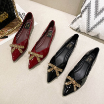 ins tide in the height-increasing single shoes womens flat 2020 new spring rhinestone bow shallow pointed flat heel womens shoes