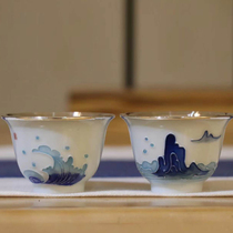 Chengyi silverware sterling silver tea cup waves reef hand-painted porcelain silver cup set kung fu tea bowl silver Non-gilt silver