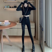 2019 autumn and winter New High waist pencil pants zipper thin velvet leggings wear black small feet trousers women