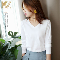 White long sleeve silk light cotton t-shirt female spring and autumn in Korean version loose 100 lap pure cotton inner lap v collar bottom shirt-ins tide