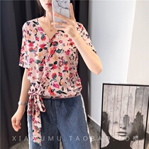 Stunning white and refreshing V-neck Chiffon shirt Digital printing Wrap-around short-sleeved top shirt womens summer