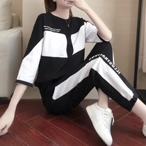 Hong Kong Tide brand black and white with sports suit women 2021 autumn new fashion Half sleeve casual two-piece set