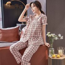 Shuttle Loom Full Cotton Clotheson Lady Summer Slim pure cotton cloth short sleeve long pants summer Womens style Home Residence Suit Suit