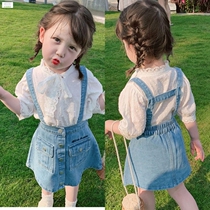 Girl Braces Skirt Suit Summer Models Children Sweet shirts Cowboys Two sets of 3-8-year-old children with two sets of damp