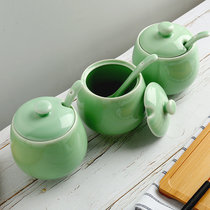 Celadon seasoning jar Chinese creative with lid with porcelain spoon household seasoning Jar Kitchen tableware salt taste box chili jar