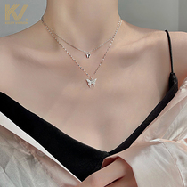  Flash diamond butterfly double-layer necklace female 2021 new sterling silver light luxury niche temperament high-end sense net red clavicle chain