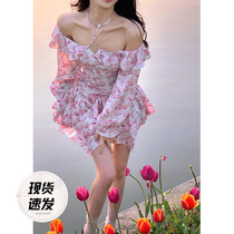 Aunt Barbie Broken Flowers dress Dress Woman Hanging neck Summer New word Shoulder Hot Girl Short Skirt Lotus Leaf Side Pendant With Skirt