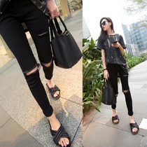 Hong Kong ripped jeans womens velvet new high-waisted slim slim nine-point velvet tight black small-footed pants