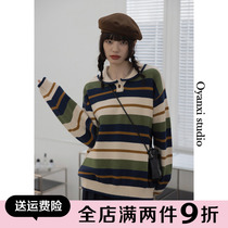 Ouyang Festive Striped POLO Neckline Sweatshirt 2021 Autumn Winter New This Year Pop Personality Commuter Wind Blouse