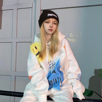 Sanjati crane 2020 Autumn Winter smiley face fun tie dyed print plus velvet hoodie men and women