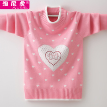 Girls sweater autumn and winter childrens clothing pure cotton knitted net red Foreign Air pullover middle and big children plus velvet thick thread coat