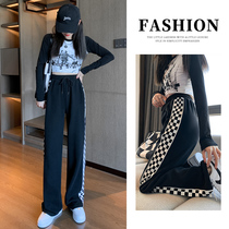 Chessboard Lattice Broadlegged Pants Woman Small Sub Tide Ins High Street Sweatpants Loose Straight Drum Pants Casual Spring Autumn Sports Pants