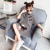 Girls summer dress cheongsam skirt 2021 summer new childrens middle and large childrens short-sleeved Western style plaid skirt tide
