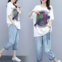 Big code Women in summer models with slim fit T-shirt Fat mm Belly Ocean Gas Minus two sets of pants 2022 new