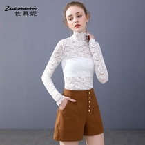 Sasumni white high collar slim long sleeve T-shirt female autumn 2021 New Base shirt lace foreign style 11423
