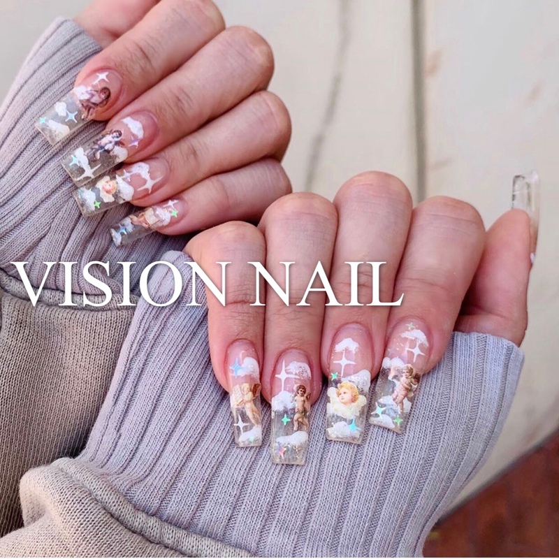 Vision Nail European and American Style ins White Cloud Angel Finished Detachable Handmade Wearable Nail Pieces