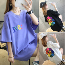 2021 pregnant women Summer loose dress plus fat plus size medium length short sleeve print T-shirt top 200 Jin tide