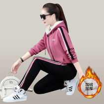 BBQ plus velvet sports suit woman 2022 new long sleeve cardiovert hoodie with cap foreign air casual thickened sweatshirt two-piece set
