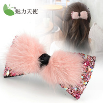 Plush hairpin spring clip headdress Rhinestone bow top clip Hairpin Korean lady ponytail horizontal clip one-word clip