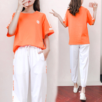 Fashion Casual Sports Suit Womens Summer New Ocean Air Weight Reduction Short Sleeve T-shirt Bunches Kharenwear Pants Two Sets