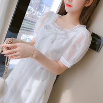 Summer dress new square collar bubble sleeve Super fairy temperament chiffon dress design sense niche waist thin fairy dress