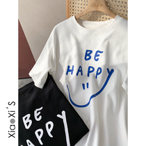 Xiaoxijia) Smiley face print T-shirt female 2021 short sleeve Korean version of loose summer stacked top tide base shirt