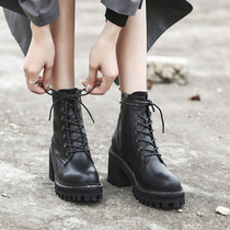 Star same black coarse heel high heel short boots female Inn Wind 2020 Autumn winter new single boot locomotive Martin boots