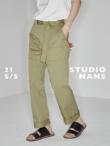 (NANS) Xinjiang long suede cotton retro fit waist loop multiple pressure line adjustable waist belt washed casual long pants