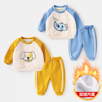 Baby plus velvet suit winter wear boy coat autumn girl newborn baby pants baby 0-3 years old two-piece set