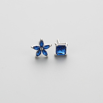 High purity 999 pure silver ear nail foot silver asymmetrical blue flower silver ear ring gift fashion temperament earthen woman