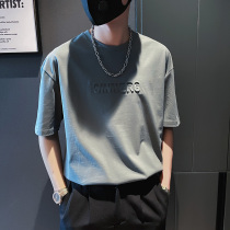 Summer short sleeves Male weight Little neckline 70% sleeves Male t-shirt Falling Shoulders high level Sensation Grey Letters Lower Blood
