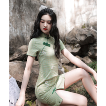 Green Plaid cheongsam young 2021 New Girl improved modern little summer A- line dress short