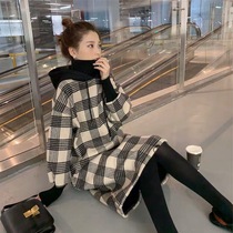 Autumn and winter long sweatshirt women over the knee plus velvet thick hooded fake two-piece coat long loose plaid sweater skirt