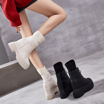 Net red boots short boots womens shoes 2021 New Interior increased thick bottom front zipper slope heel Martin boots Spring and autumn single boots