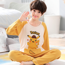 Boys pajamas summer cotton long sleeve thin 7 boys 8 middle and big children 9 spring and autumn 12-15 year old childrens home clothes