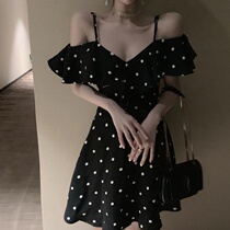 2021 summer retro chic fashion temperament polo point suspenders ruffle ruffle shoulder waist slim dress women