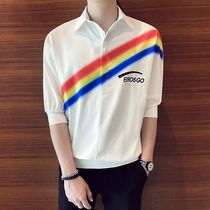 Summer Short Sleeve T-Shirt Mens Clothing Turnover Half Sleeves Rainbow Striped Middle Sleeve Design Sense Polo Shirt Ice Silk Compassionate Blouse