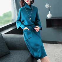 Waist dress mid-length sweater skirt over-the-knee slim winter 2021 new high-neck knitted winter skirt red skirt